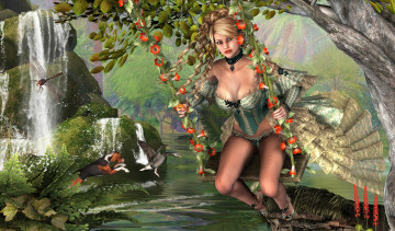 Картинка 3д графика fantasy фантазия собака качели цветы водопад гусь стрекоза