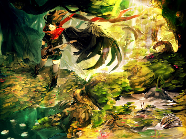 Обои картинки фото аниме, headphones, instrumental, девушка, гитара