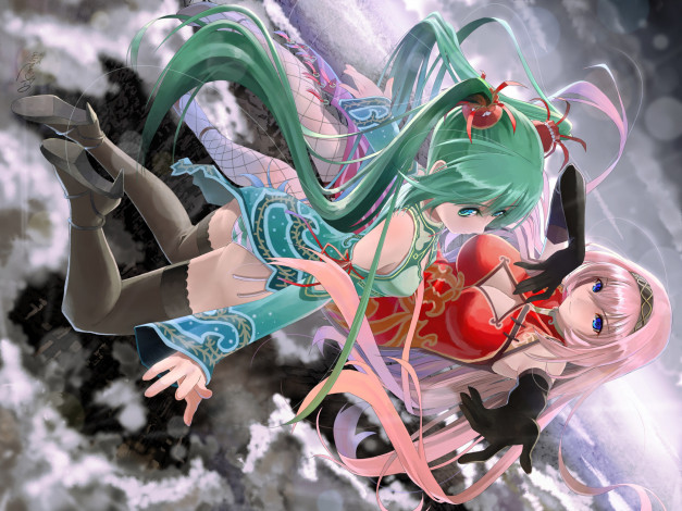 Обои картинки фото аниме, vocaloid, девушки, хвостики, чулки