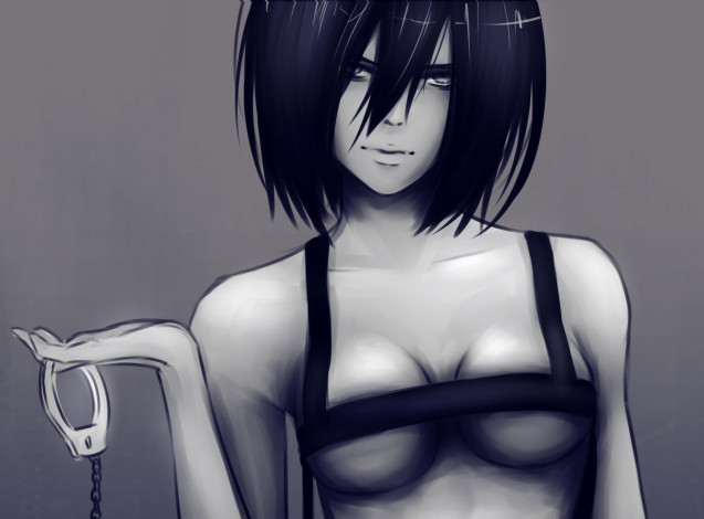 Обои картинки фото рисованные, люди, брюнетка, наручники, грудь, mikasa ackerman, вторжение гигантов