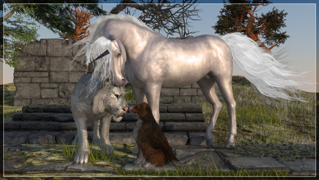 Обои картинки фото 3д, графика, animals, животные, смобака, лошадь, лев