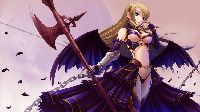 Обои картинки фото аниме, angels, demons, воительница, крылья, секира