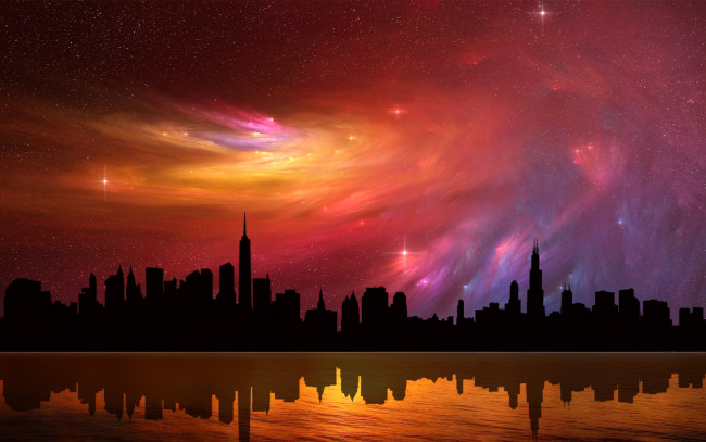 Обои картинки фото 3д, графика, atmosphere, mood, атмосфера, настроения, ночь, море, краски, звезды, силуэты, город