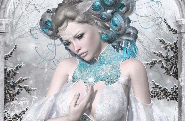 Обои картинки фото 3д, графика, people, люди, рендер, снег, зима, девушка, рука, прическа