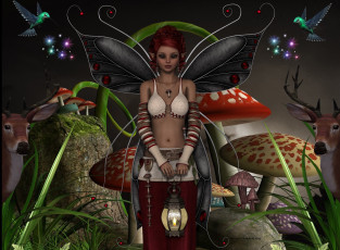 Картинка 3д+графика эльфы+ elves фея взгляд фон грибы фонарик птицы
