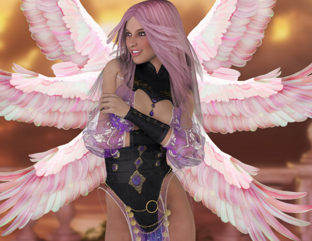 Обои картинки фото 3д графика, ангел , angel, ангел, улыбка, фон, девушка, взгляд