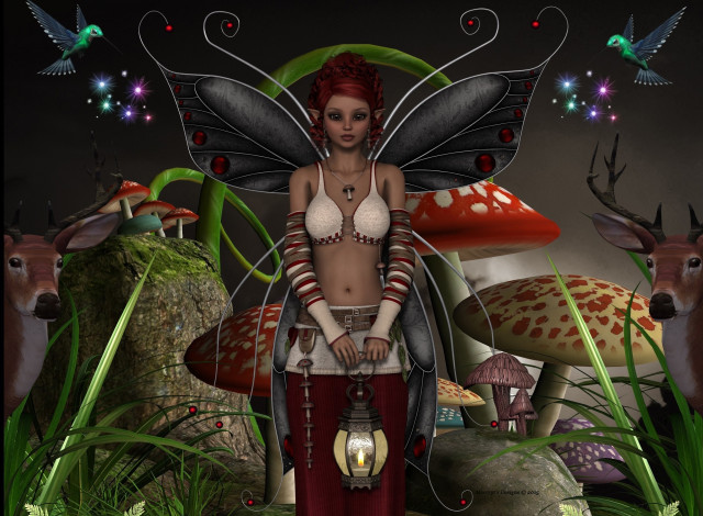 Обои картинки фото 3д графика, эльфы , elves, фея, взгляд, фон, грибы, фонарик, птицы