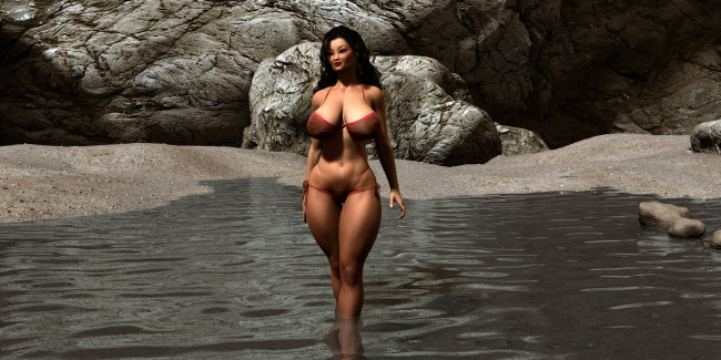 Обои картинки фото 3д графика, люди , people, девушка, взгляд, фон, скалы, море