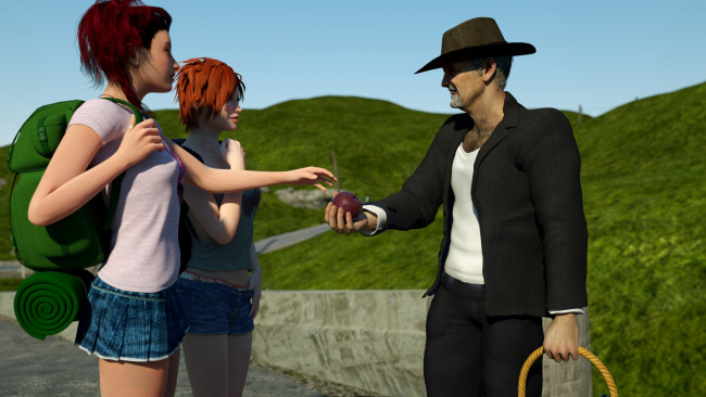 Обои картинки фото 3д графика, люди , people, девушки, взгляд, фон, мужчина, корзина, яблоки