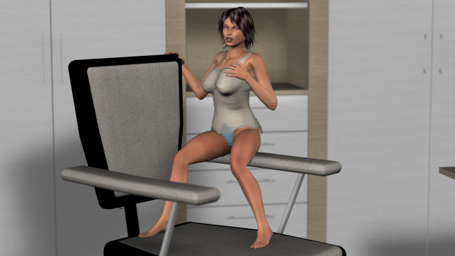 Обои картинки фото 3д графика, люди , people, стул, фон, взгляд, девушка