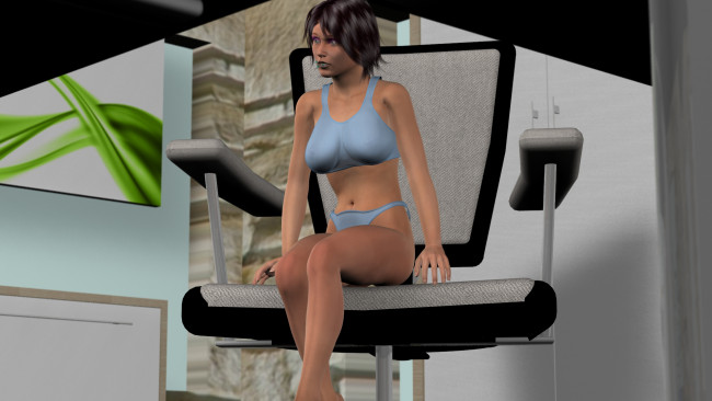 Обои картинки фото 3д графика, люди , people, взгляд, девушка, стул, фон