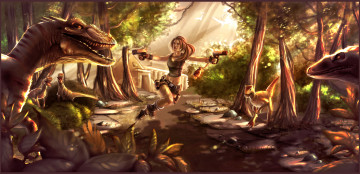 Картинка рисованное комиксы девушка динозавр пистолет фон