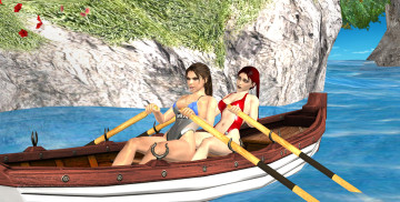 обоя 3д графика, люди , people, лодка, фон, взгляд, девушки