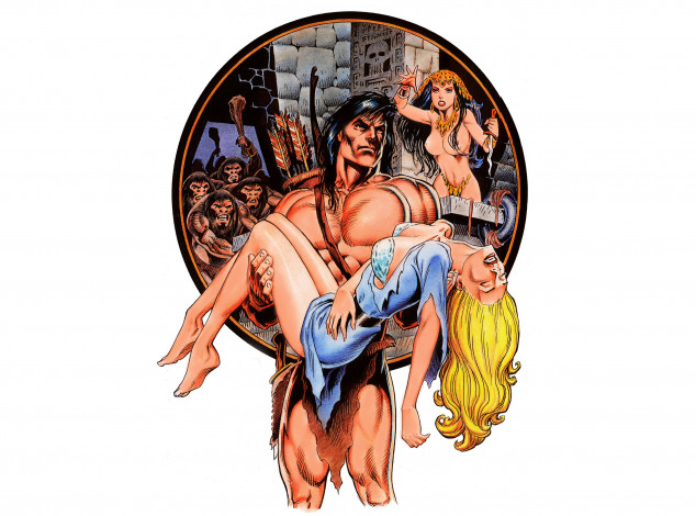 Обои картинки фото рисованное, комиксы, девушка, мужчина, фон, обезьяна