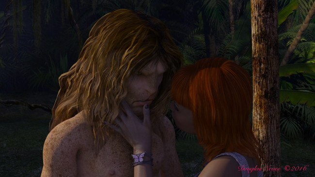 Обои картинки фото 3д графика, фантазия , fantasy, лес, фон, взгляд, девушка