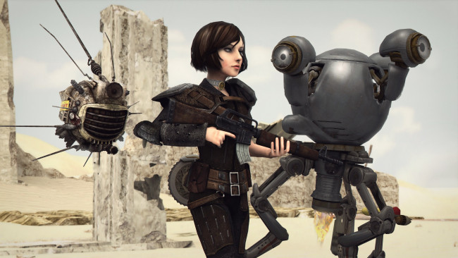 Обои картинки фото 3д графика, фантазия , fantasy, оружие, фон, взгляд, девушка