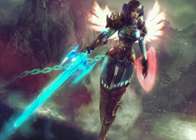 Обои картинки фото видео игры, guild wars 2, меч, арт, маг, девушка, доспех, guild, wars, 2, магия, крылья, щит