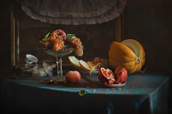 Картинка еда натюрморт посуда гранат дыня виноград