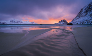 Картинка природа побережье берег море скалы закат снег