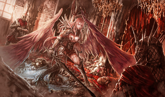 Обои картинки фото фэнтези, ангелы, фон, мужчины, крылья, меч, девушка