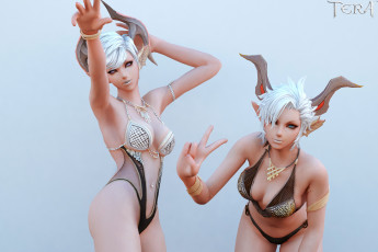 обоя видео игры, tera,  the exiled realm of arborea, рога, существа, взгляд, фон, девушки