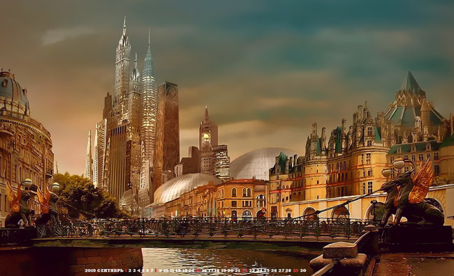 Обои картинки фото календари, фэнтези, лев, мост, город, 2019, calendar, водоем, небоскреб, здание, крылья