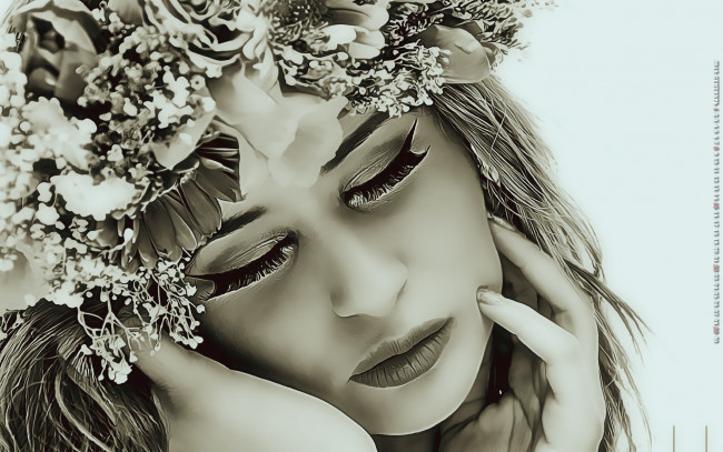 Обои картинки фото календари, компьютерный дизайн, лицо, цветы, девушка, венок, 2019, calendar, макияж, женщина