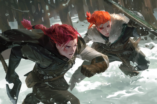 Обои картинки фото фэнтези, девушки, щит, топор, лес, снег, зима, охота