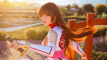Картинка девушки софия+летяго+ sophie+katssby косплей видеоигры брюнетка меч солнце kasumi