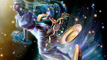 обоя разное, знаки зодиака, девушка, цветы, весы, звезды