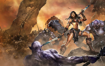 Картинка фэнтези красавицы+и+чудовища девушка оружие орки кости бой