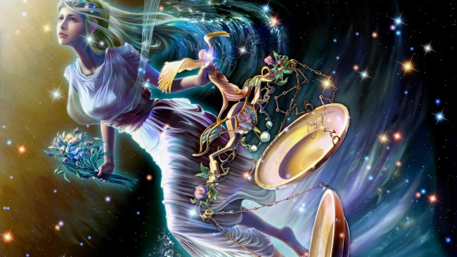 Обои картинки фото разное, знаки зодиака, девушка, цветы, весы, звезды