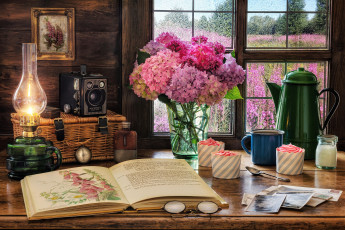 Картинка разное канцелярия +книги лампа книга очки букет окно кексы ложка