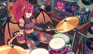 Картинка аниме ангелы +демоны демонесса компьютер барабаны