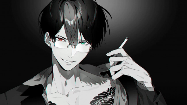 Обои картинки фото аниме, unknown,  другое , парень, очки, тату, сигарета