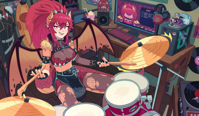 Обои картинки фото аниме, ангелы,  демоны, демонесса, компьютер, барабаны