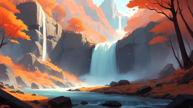 Обои картинки фото рисованное, природа, водопад, озеро, лес, осень