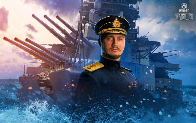 Обои картинки фото видео игры, world of warships, моряк, капитан, фуражка, форма, награды, корабль, пушки, море