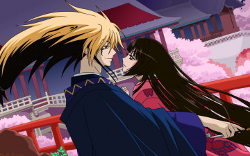 обоя аниме, nurarihyon, no, mago, пара, yohime, сакура, кимоно, трубка