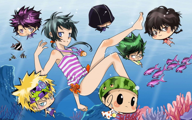 Обои картинки фото аниме, katekyo, hitman, reborn, fon, вода, девочка, соски