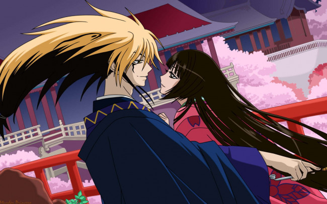 Обои картинки фото аниме, nurarihyon, no, mago, пара, yohime, сакура, кимоно, трубка