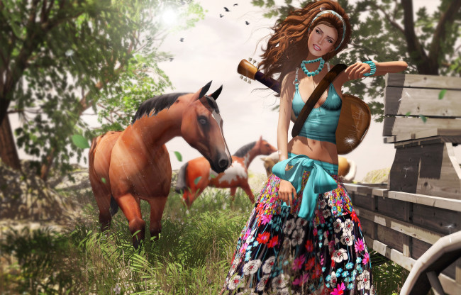 Обои картинки фото 3д, графика, people, люди, позитив, юбка, гитара, хиппи, лошади, девушка