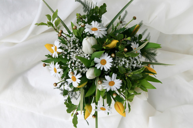 Обои картинки фото цветы, букеты, композиции, тюльпаны, ромашки, гипсофила