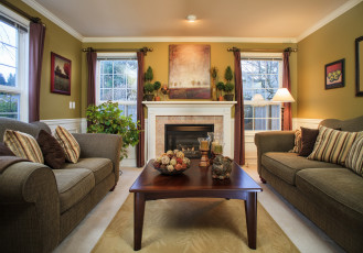 Картинка интерьер гостиная диваны столик камин