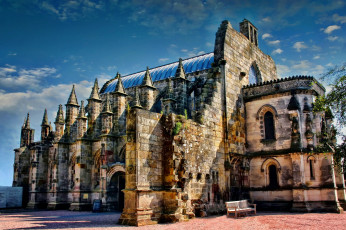 Картинка rosslyn chapel города дворцы замки крепости шпили скамейка готический замок