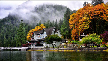 Картинка города пейзажи мост туман река набережная лес горы вилла