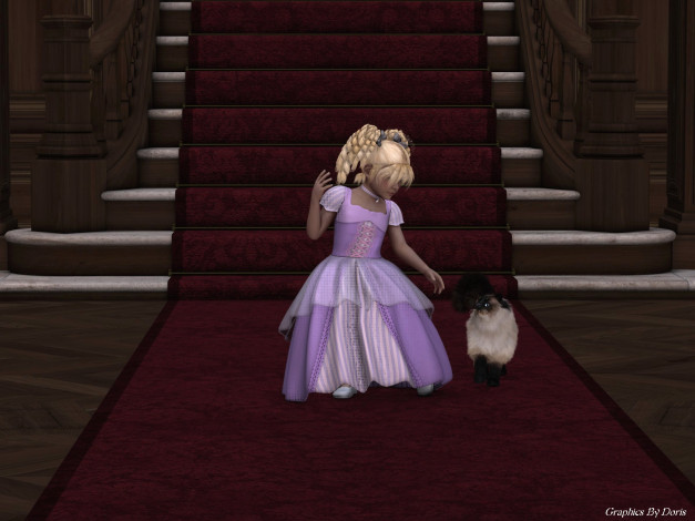 Обои картинки фото 3д, графика, people, люди, лесница, кот, девушка