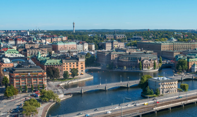 Обои картинки фото города, стокгольм, швеция, мост, дома, река