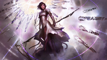 Картинка фэнтези магия кристаллы доспехи оружие девушка