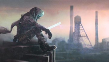 Картинка фэнтези люди иной мир трубы здания человек комбинезон